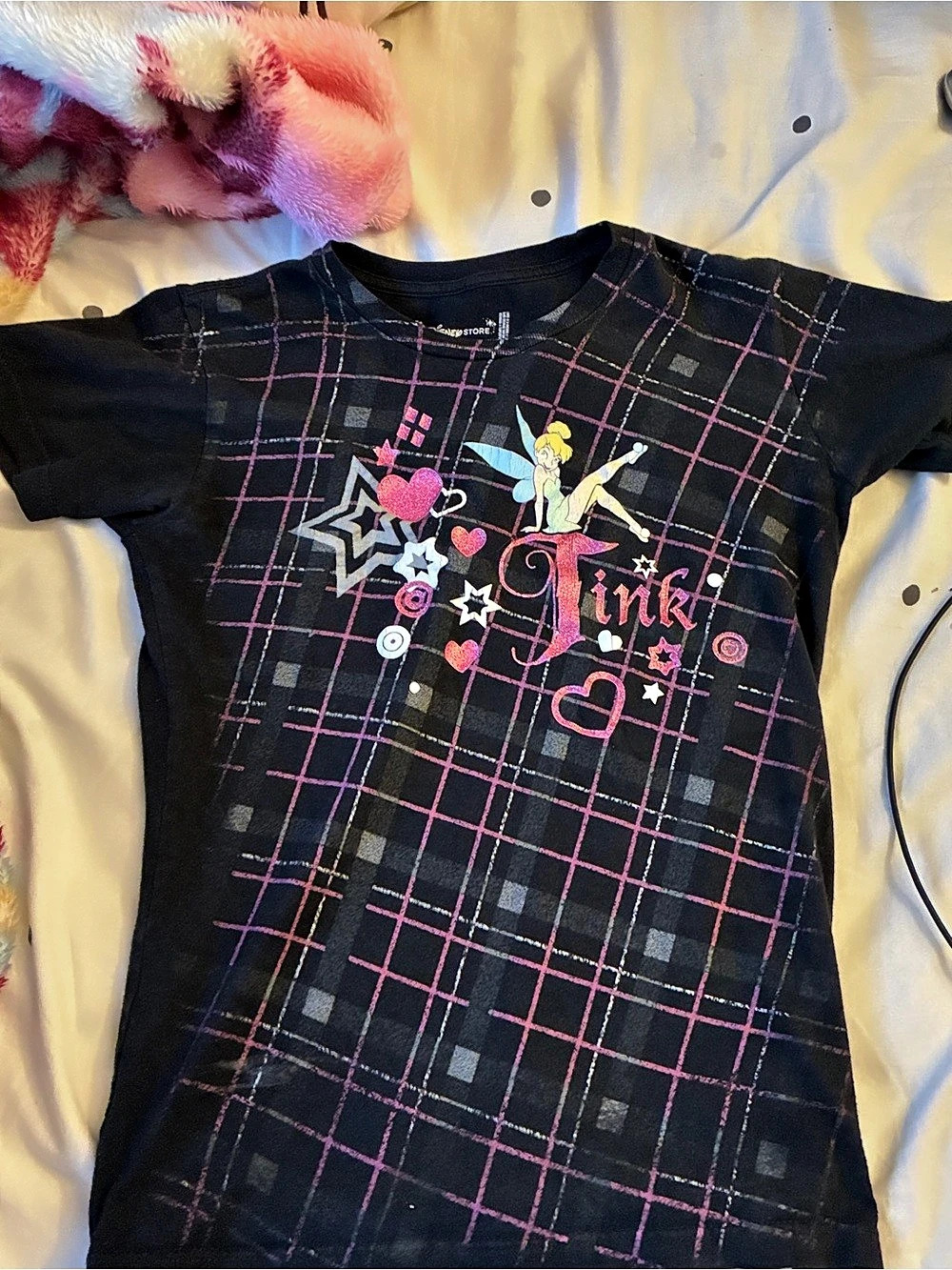 Y2K Disney Store Disney Tinker Bell Plaid Graphic Tee in Black & Pink Size Small